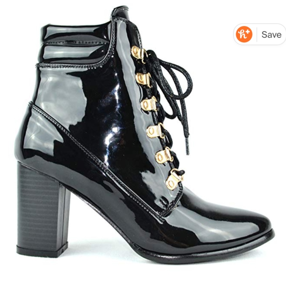 Black Patent Chunky Heel Lace Up Ankle Booties